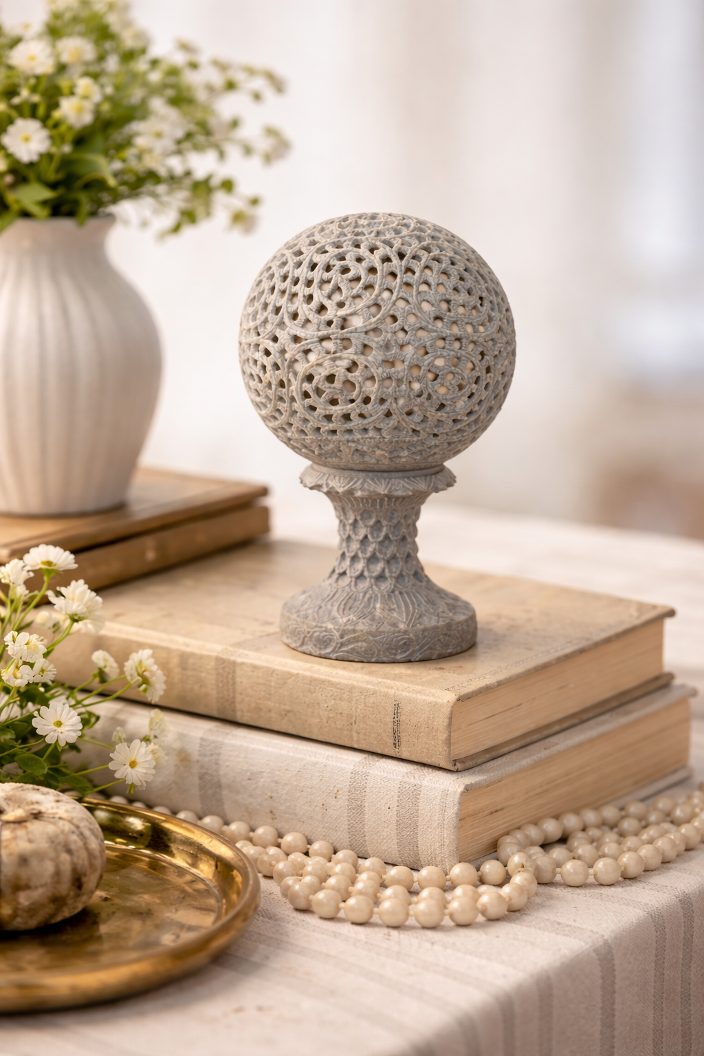 Perforated Marble Sphere Decorative Sculpture